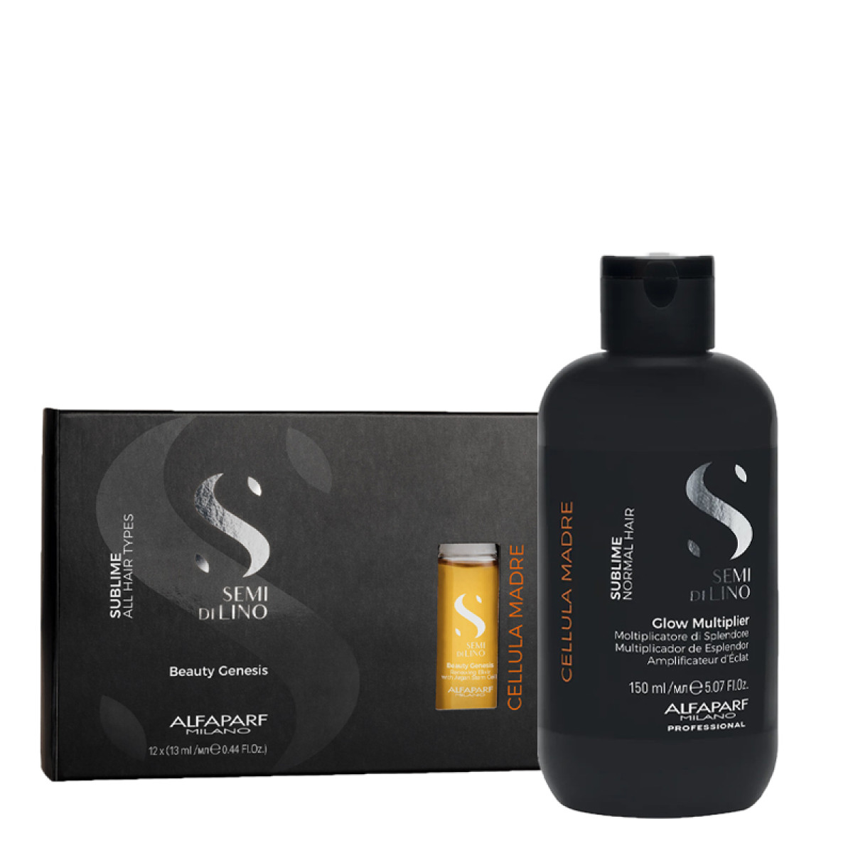 Комплект за интензивен блясък ALFAPARF SEMI DI LINO SUBLIME CELLULA MADRE GLOW MULTIPLIER 150ml + BEAUTY GENESIS 12x13ml