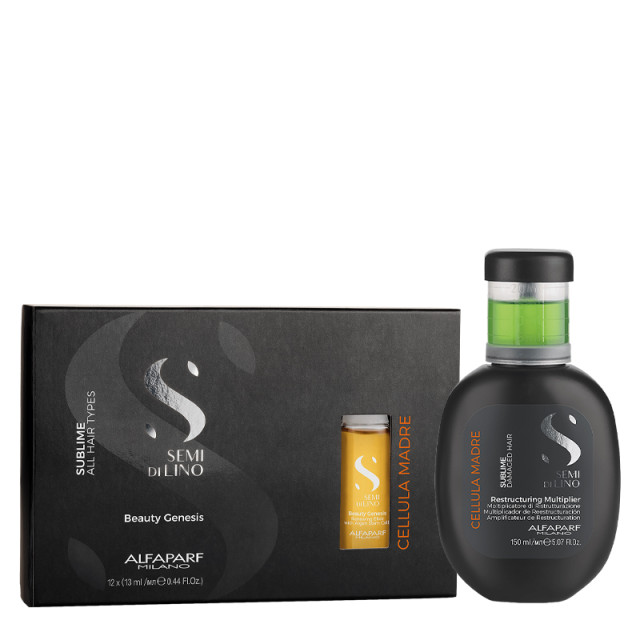 Комплект за интензивно възстановяване ALFAPARF SEMI DI LINO SUBLIME CELLULA MADRE RESTRUCTURING MULTIPLIER 150ml + BEAUTY GENESIS 12x13ml