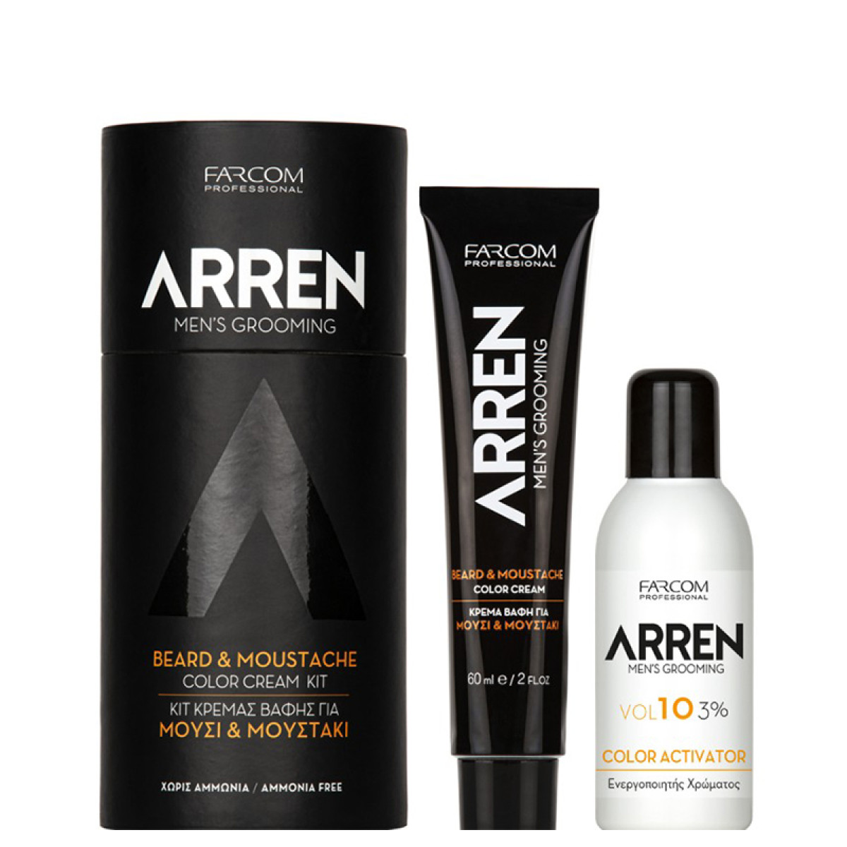 Безамонячна черна крем боя за брада и мустаци + активатор Farcom Arren Beard and Moustache Color Cream Kit 60ml