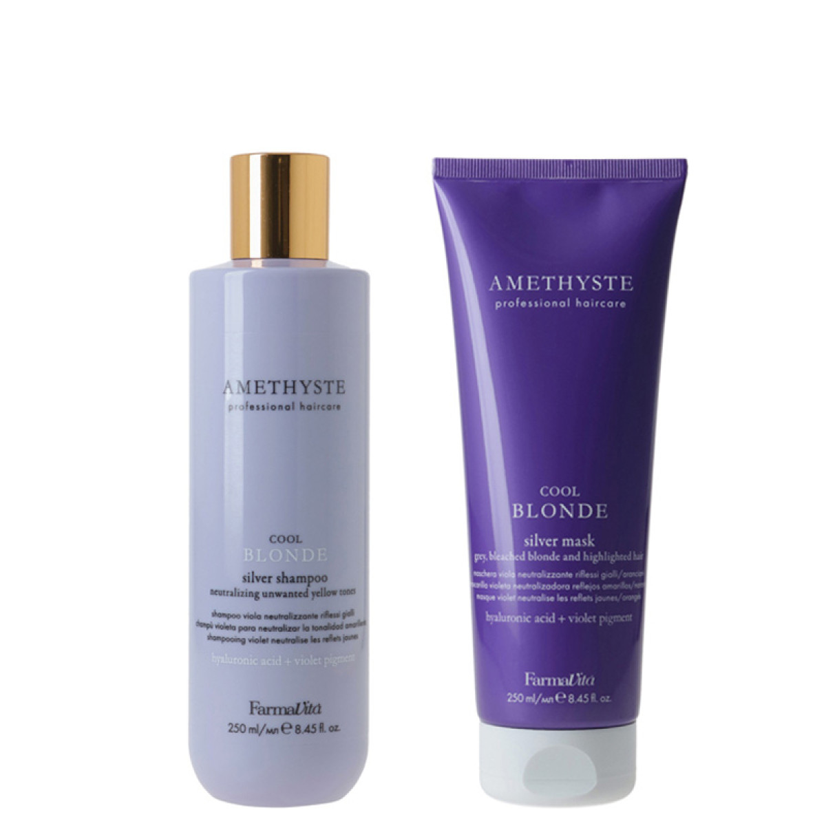 Матиращи шампоан и маска срещу жълти оттенъци Farmavita Amethyste Cool Blonde Silver 2x250ml Матиращи шампоан и маска срещу жълти оттенъци Farmavita Amethyste Cool Blonde Silver 2x250ml