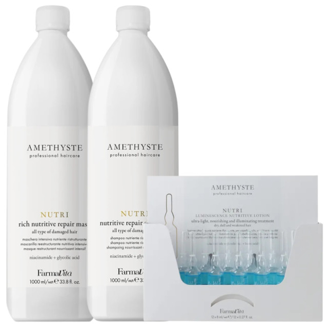 Подхранващ комплект за суха коса Farmavita Amethyste Nutri 2x1000ml/ 12x8ml Подхранващ комплект за суха коса Farmavita Amethyste Nutri 2x1000ml/ 12x8ml