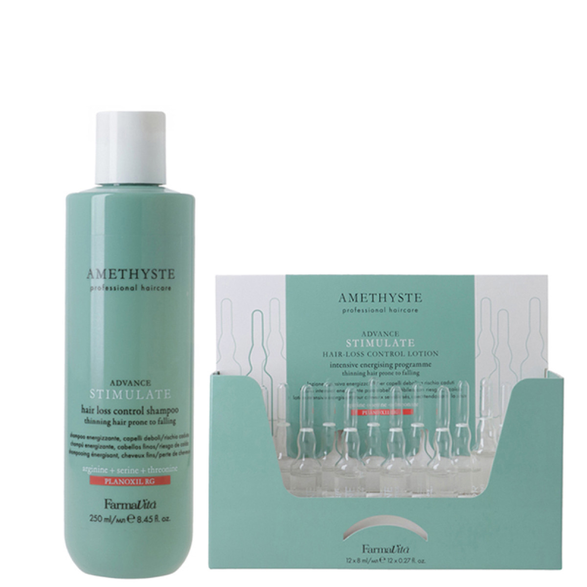 Енергизиращ комплект против косопад Farmavita Amethyste Scalp Advance Stimulate 250ml/ 12x8ml Енергизиращ комплект против косопад Farmavita Amethyste Scalp Advance Stimulate 250ml/ 12x8ml