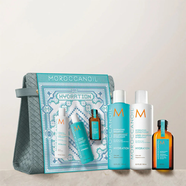 Комплект за хидратиране на всеки тип коса Moroccanoil Hydrating 2x250ml/50ml + подарък несесер