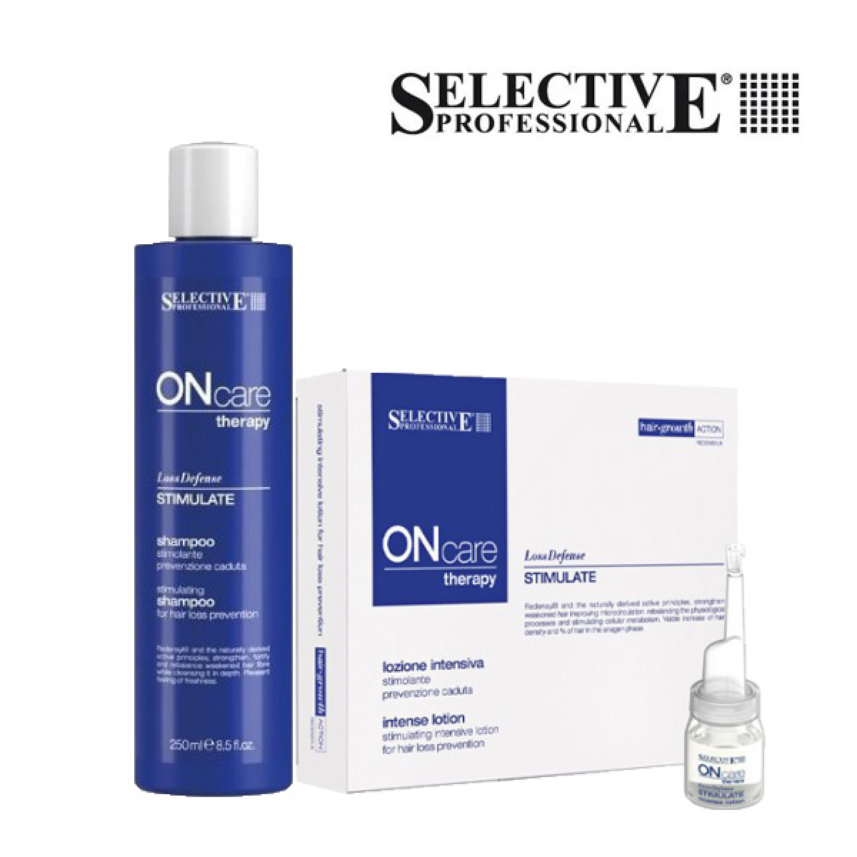 Интензивен лосион и шампоан за стимулиране на растежа и против косопад Selective Professional ONcare Therapy Loss Defense Stimulate Интензивен лосион и шампоан за стимулиране на растежа и против косопад Selective Professional ONcare Therapy Loss Defense Stimulate