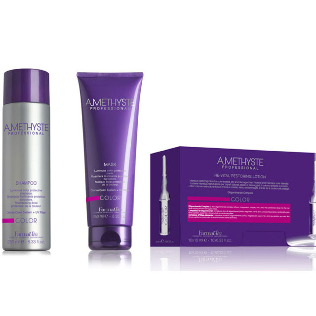 Комплект ампули, маска и шампоан за боядисана коса FarmaVita Amethyste Color 2x250/10x10ml Комплект ампули, маска и шампоан за боядисана коса FarmaVita Amethyste Color 2x250/10x10ml