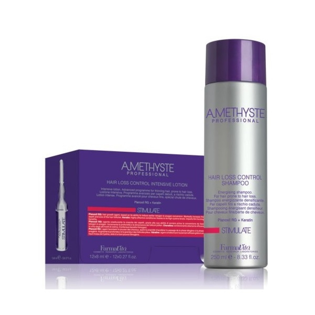 Комплект ампули и шампоан за стимулиране на растежа и против косопад FarmaVita Amethyste Stimulate 250/12x8ml Комплект ампули и шампоан за стимулиране на растежа и против косопад FarmaVita Amethyste Stimulate 250/12x8ml